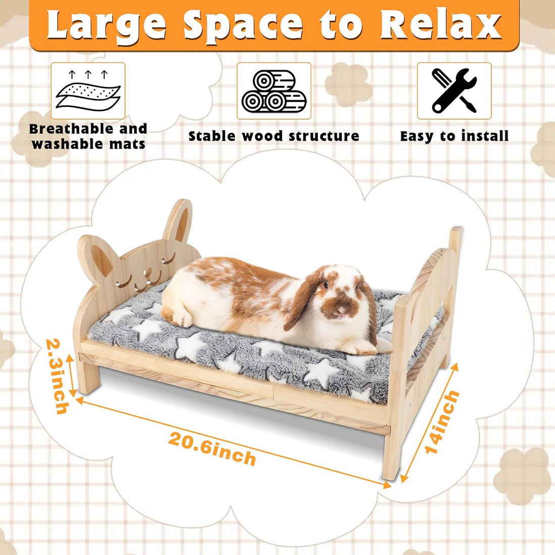 BWOGUE Large Wooden Rabbit Bed, Bunny Bed with Removable Cushion