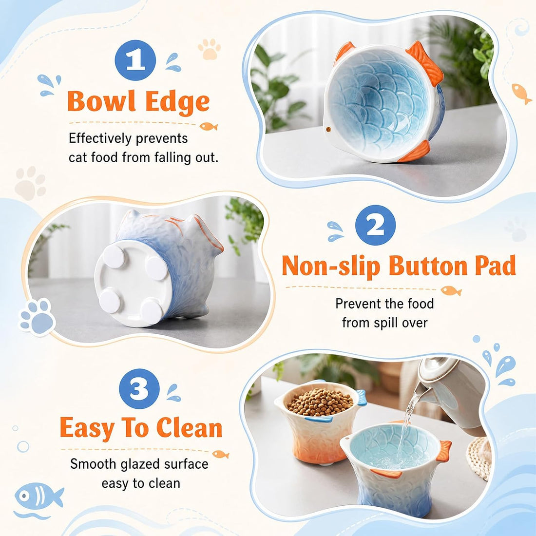 Tioncy 2 Pcs Raised Tilted Ceramic Cat Food Bowl Fish Shape Cute
