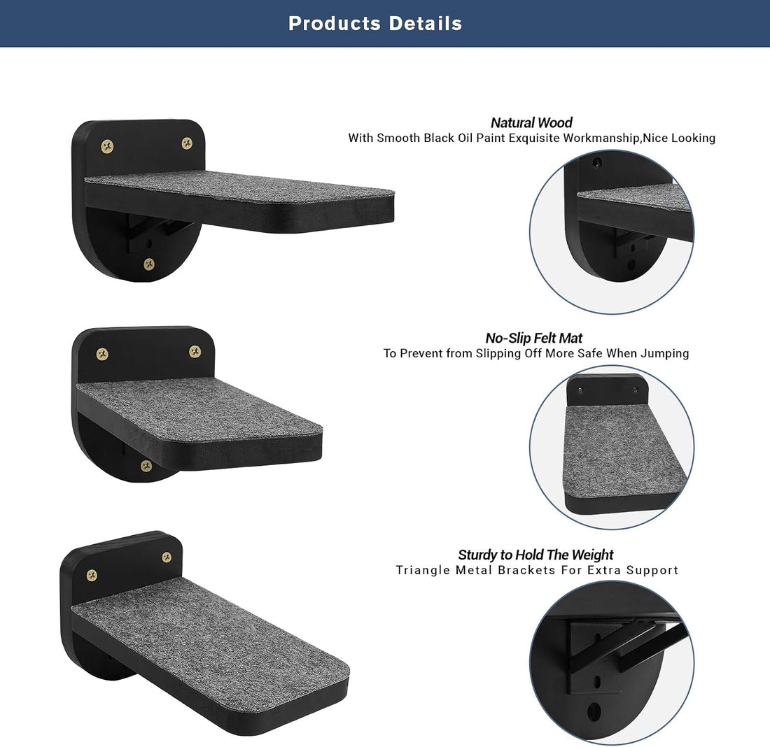 ESPETS Set of 3 Black Natural Sturdy Wood Cat Wall Floating Steps