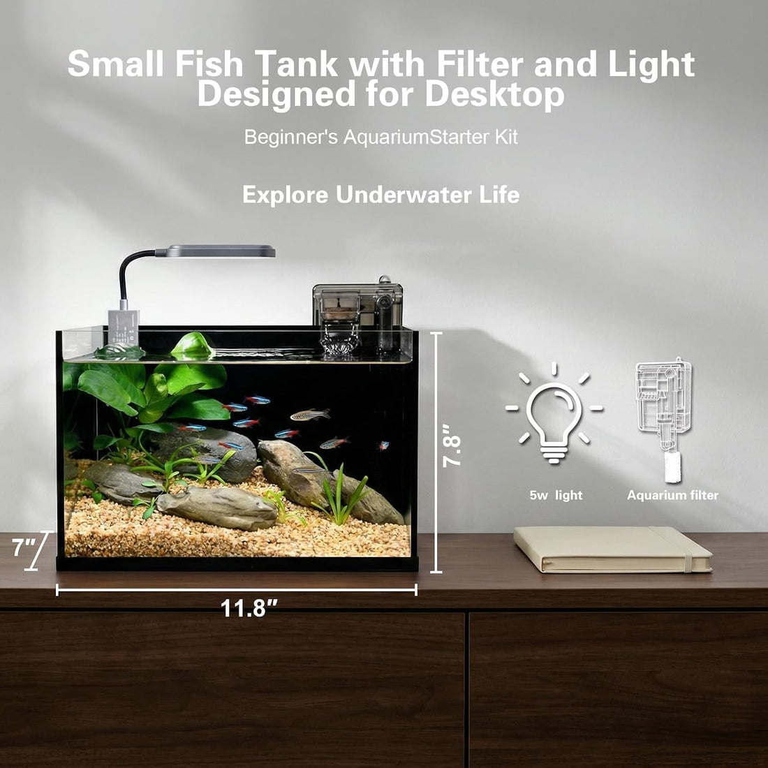 2.8 Gallon Nano Aquarium Starter Kits, Fish Tank with Light