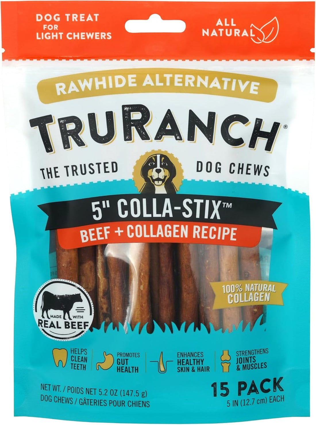 TRURANCH 5" Collagen Sticks for Dogs, Rawhide Free, Beef, 45 Ct