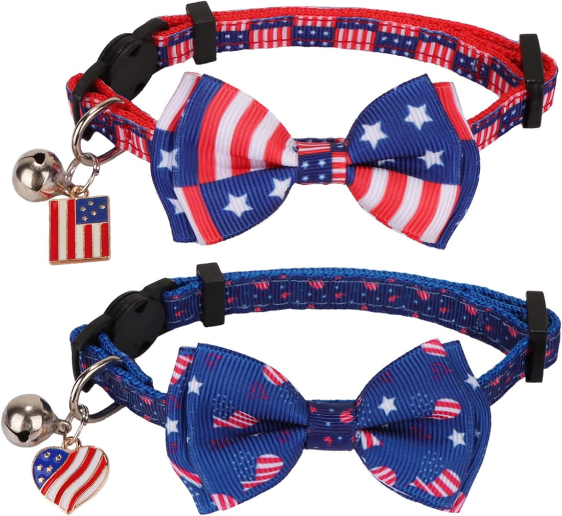 PTDECOR Christmas Cat Collars with Bow, Red Blue Cat Xmas Collar