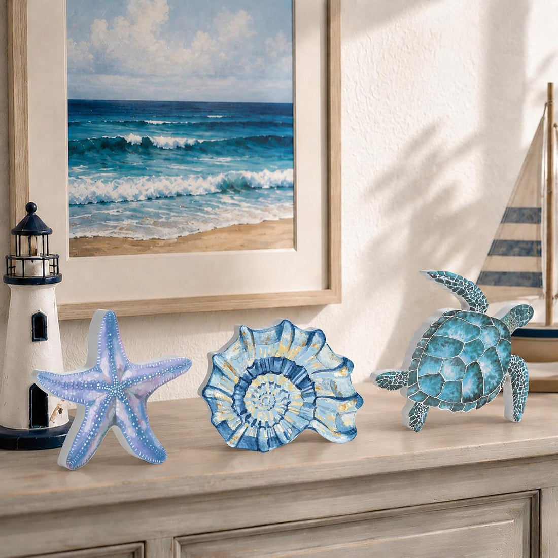 3Pcs Beach Theme Wooden Tabletop Ocean Sea Turtle Conch Decor Signs