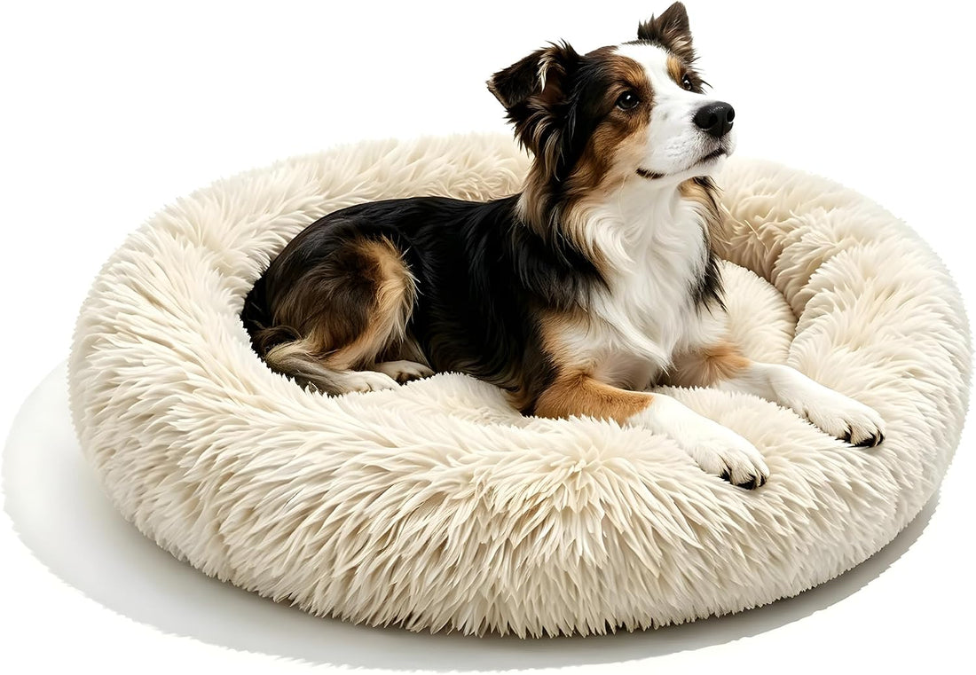 Round Donut Pet Bed 24in Soft Plush Calming Cushion with Non-Slip Base
