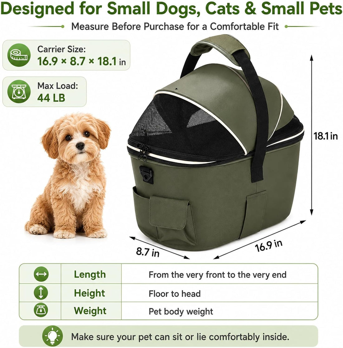 Dog Bike Basket Rear Seat, 3-in-1 Pet Bike Carrier for Small Dogs