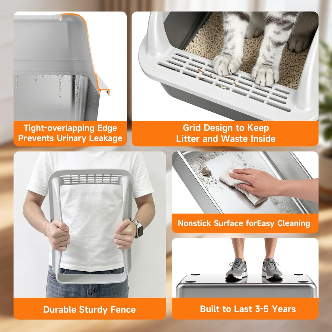 OneBug Stainless Steel High Sides Cat Litter Box with Scoop