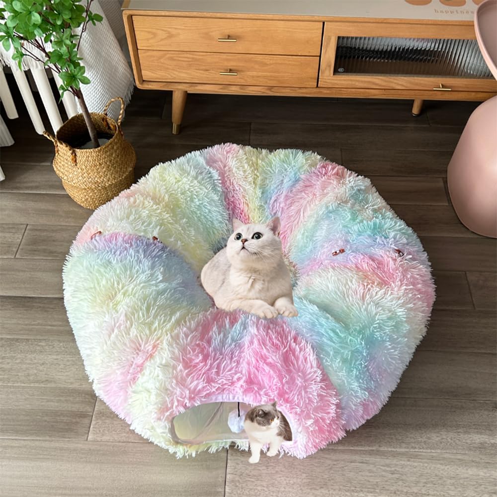 Fuzzy Cat Tunnel Bed for Indoor Cats, 2-in-1 Interactive Cat Toys