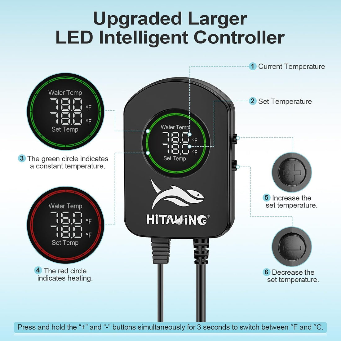HiTauing Aquarium Heater, 100W/200W/300W/500W Fish Tank Heater