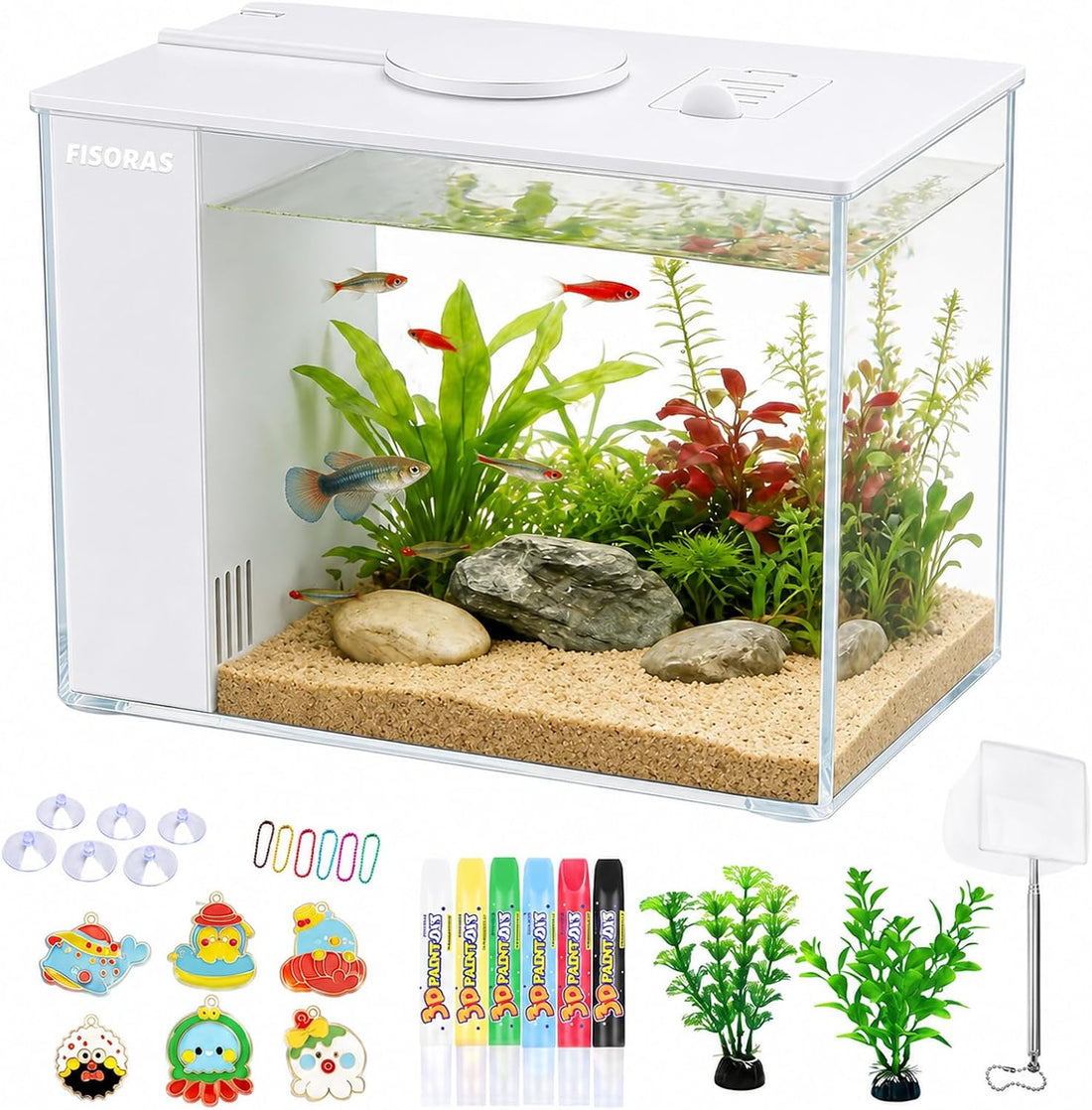 1Gal (3.7L) Small Aquarium Kit with Water Filter Pump and LED Light