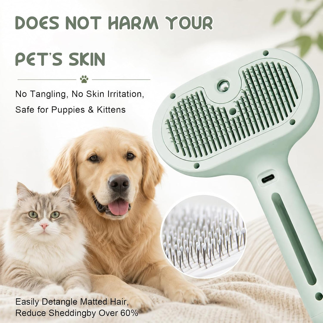 Pet Steam Brush for Cats & Dogs, Cool Mist Self-Cleaning Comb