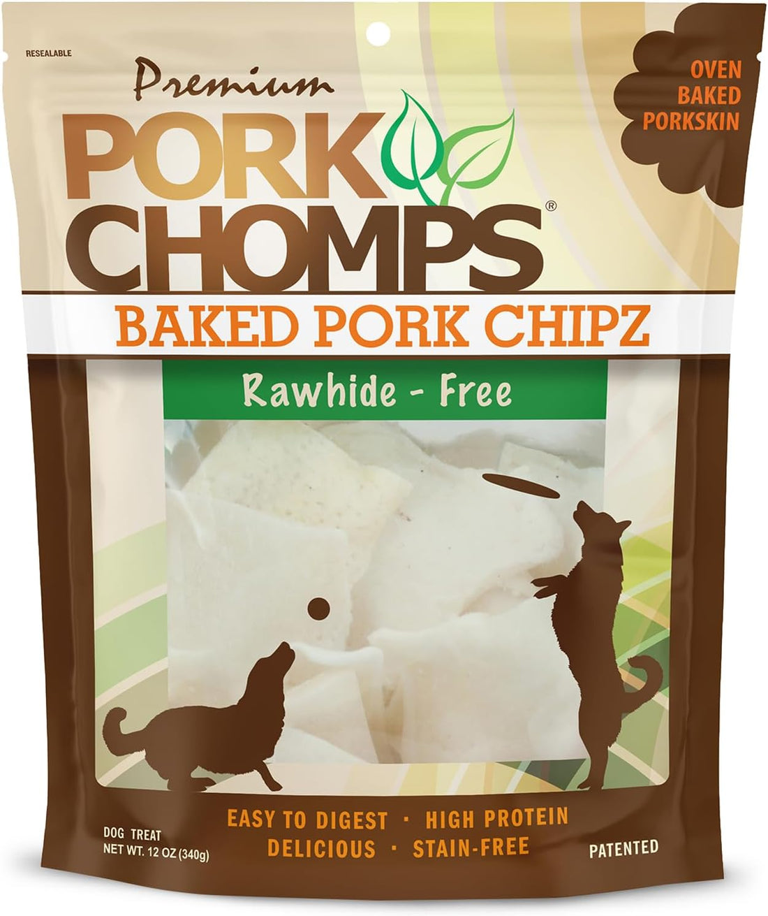 Pork Chomps Baked Pork Skin Dog Chews, 3-inch Chips, 12oz Bag