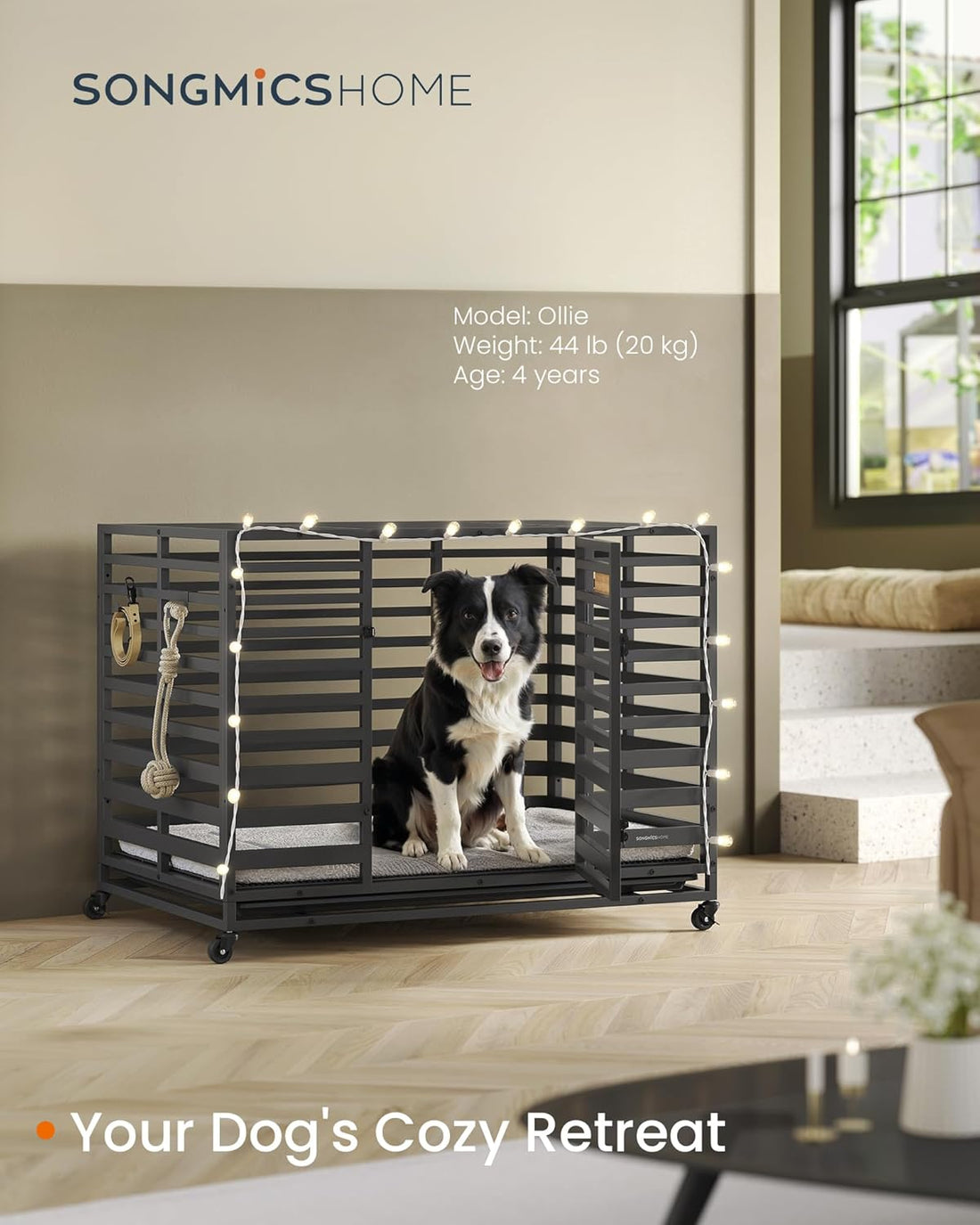 SONGMICS HOME 42.1" Heavy-Duty Dog Crate, XL Dog Cage with Lock Wheels