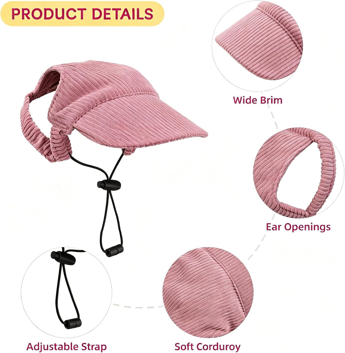Dog Sun Hat with Ear Openings, Dog Baseball Cap with Anti-Slip Strap