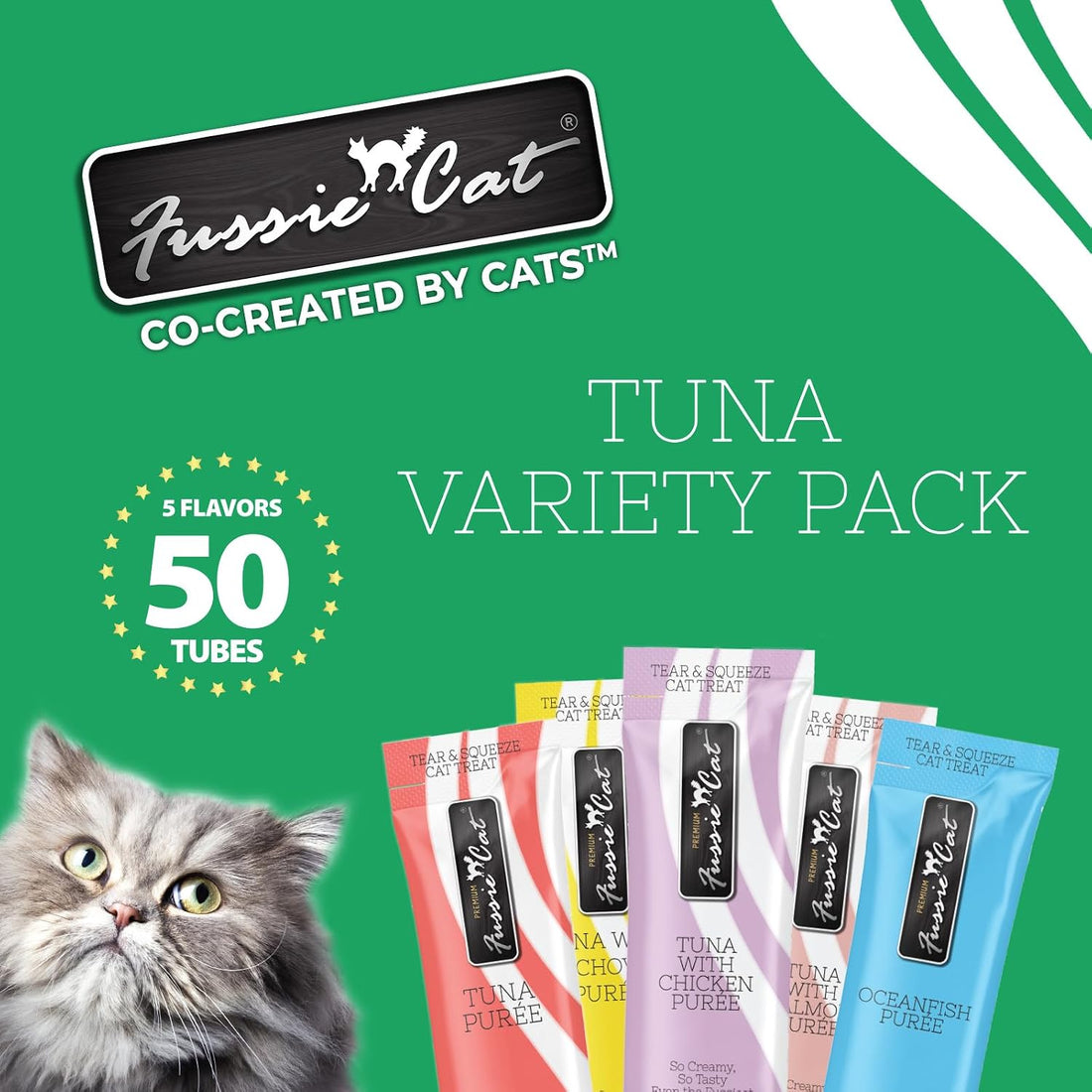 Fussie Cat, 0.5 Ounces Each, 50 Tubes, Tuna Variety 5 Flavors