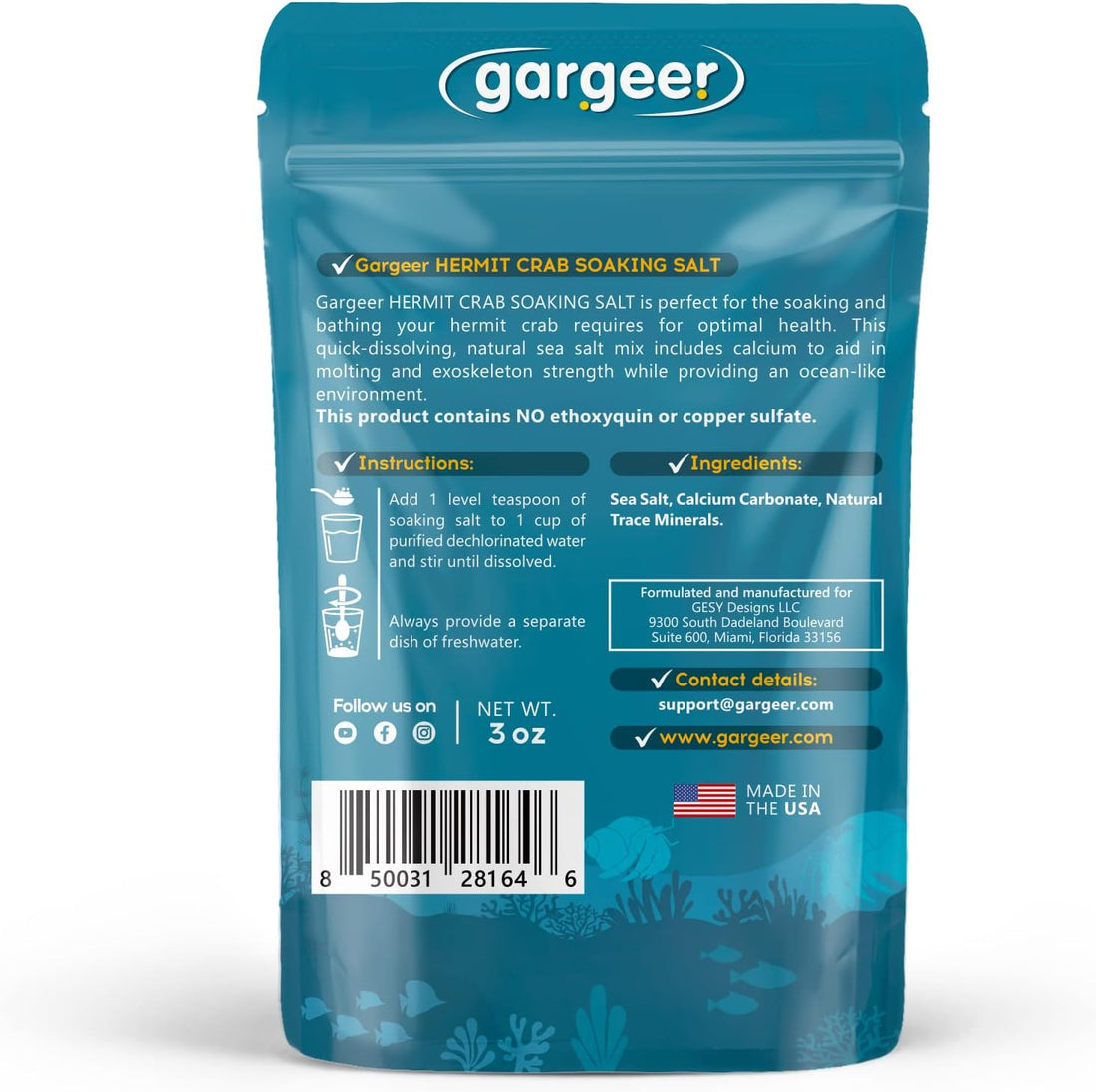 Gargeer 3oz Hermit Crab Soaking Salt, Calcium & Trace Minerals