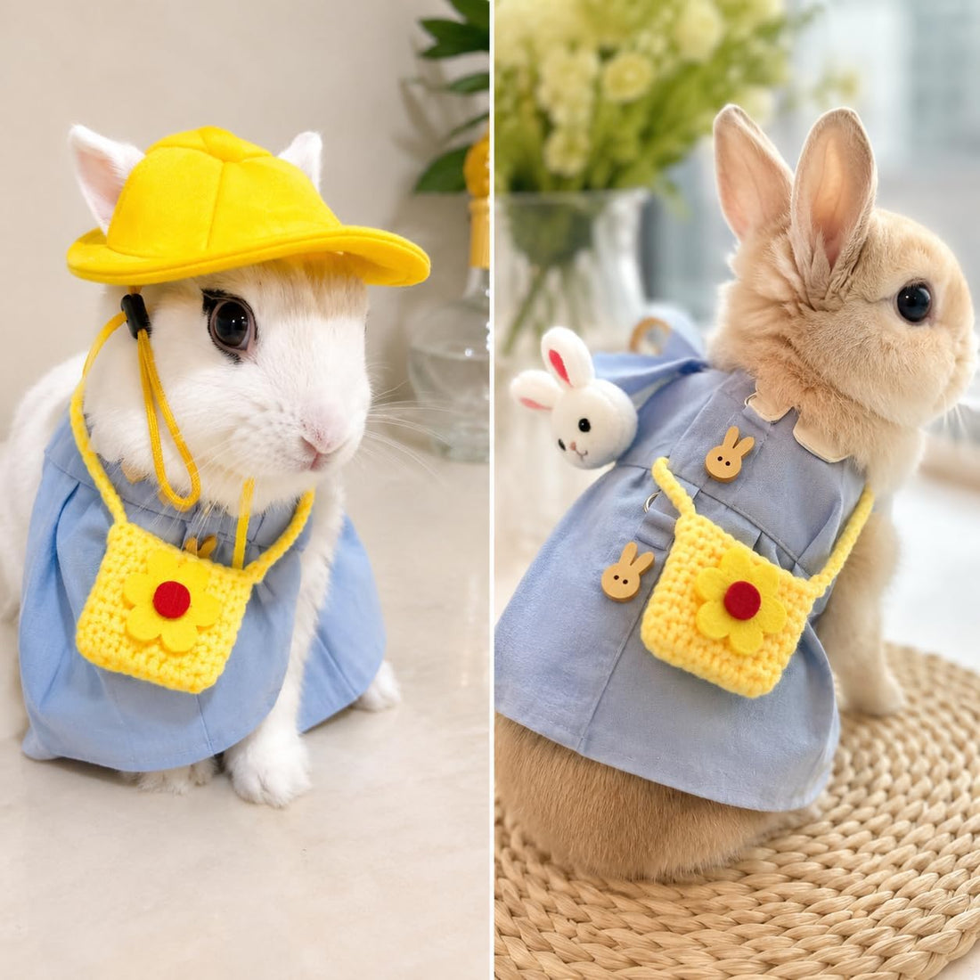 Bunny Outfit Harness Set with Leash, Cute Blue, L