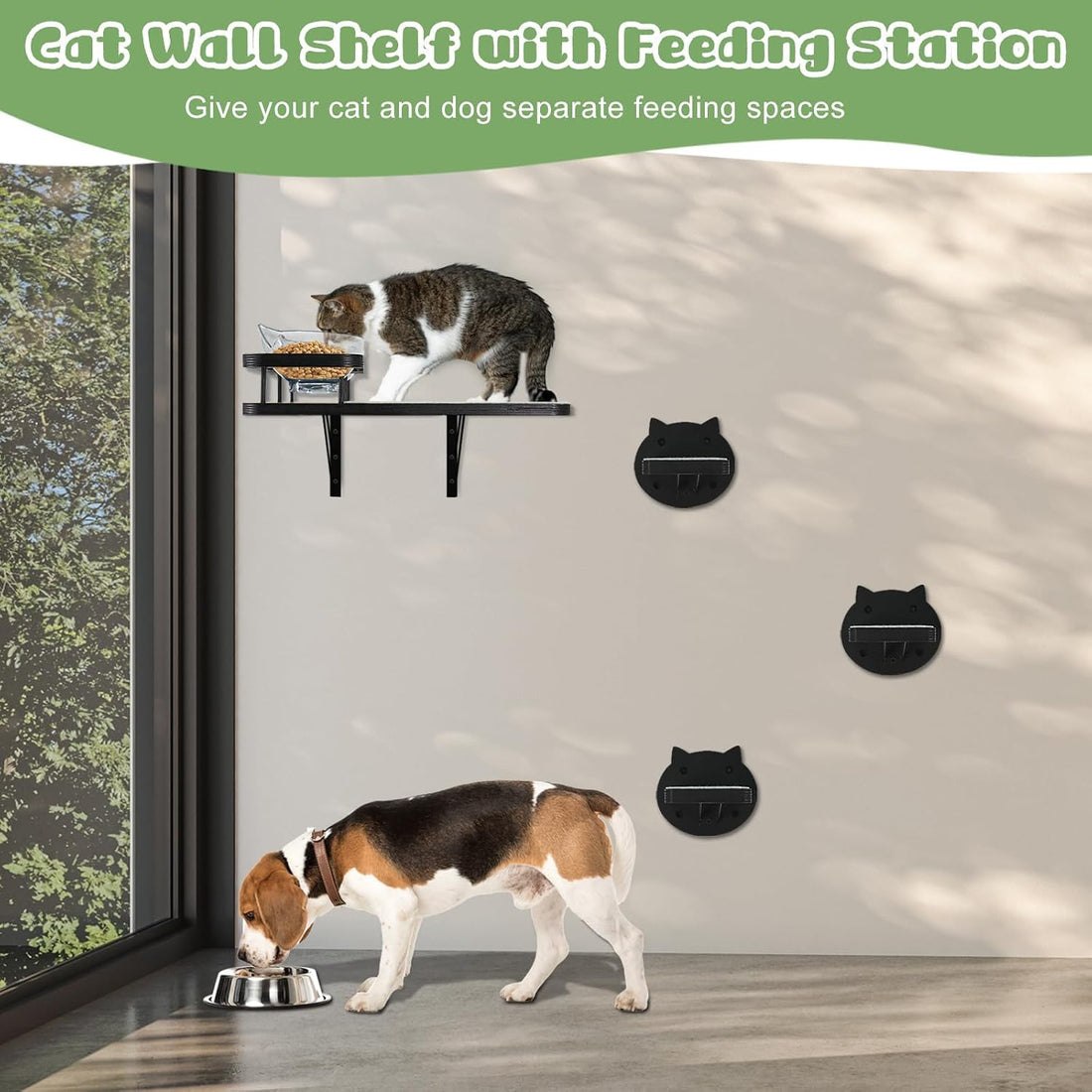 Cat Wall Shelves Furniture Set with 2 Food Bowls