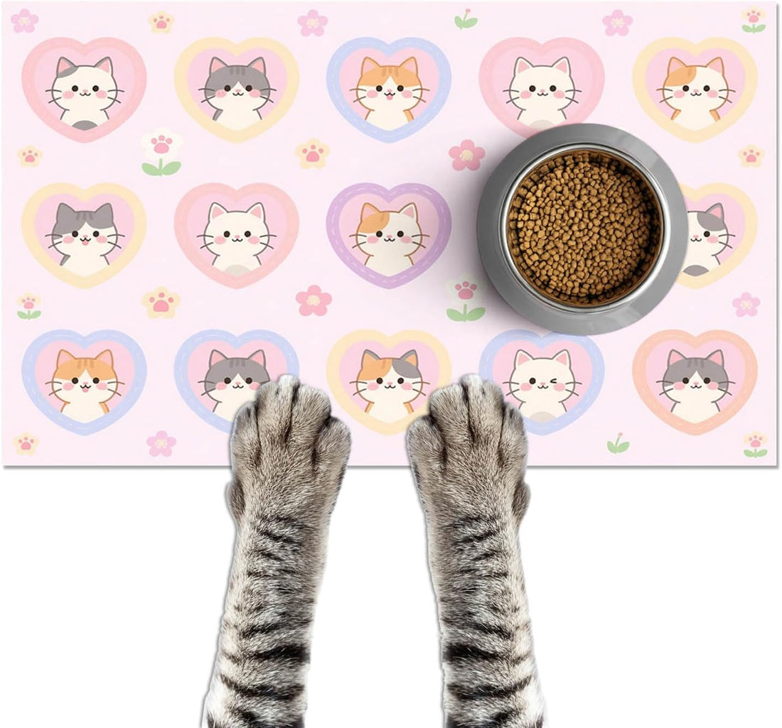 HOMETITUTE Cat Feeding Mat Pink Heart Kitten Bowl Placemat 20 x 12