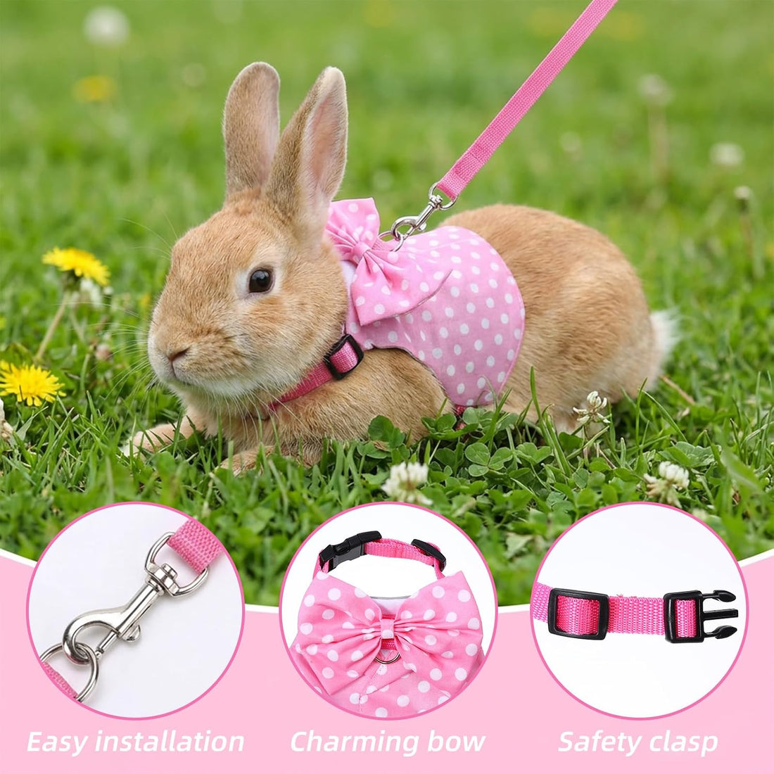 Bunny Clothes for Rabbits, Pink Polka Dot Rabbit Harness and Leash Set