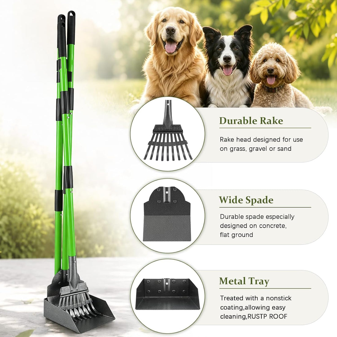 Pooper Scooper, Metal Poop Scoop with Tray, Rake