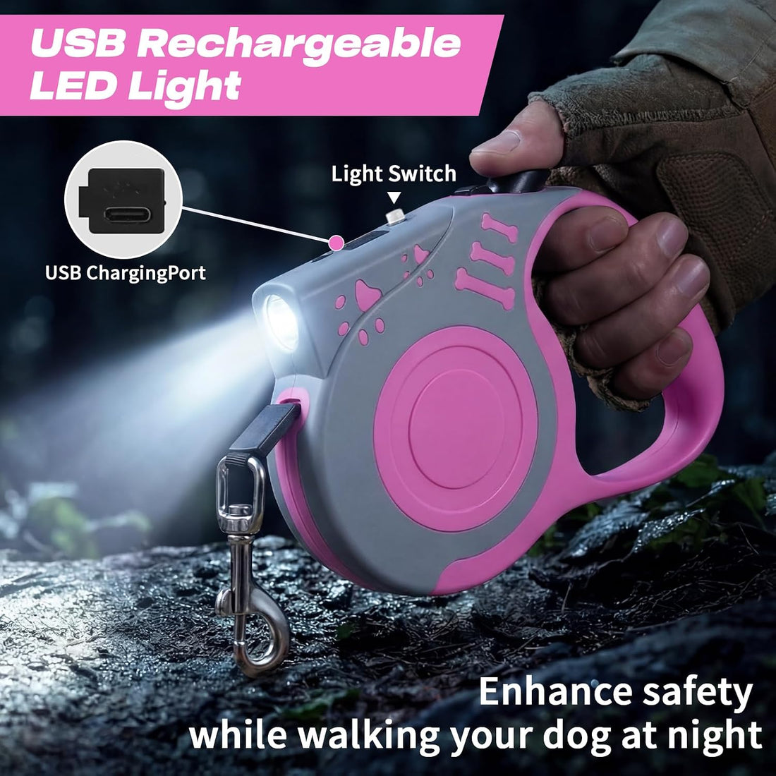 Retractable Dog Leash with USB Rechargeable Flashlight