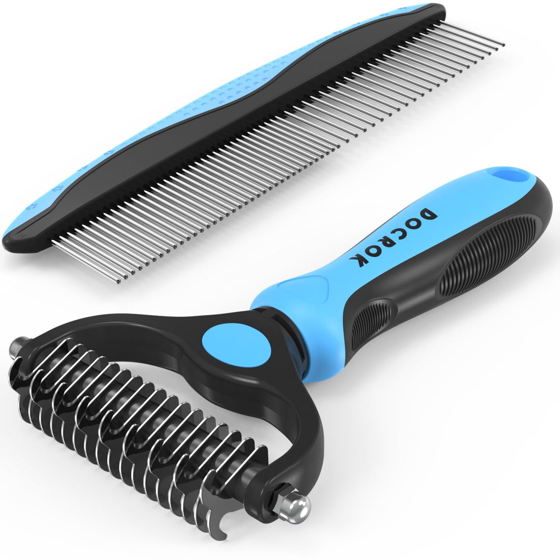Docrok Pet Grooming Combo - Blue Deshedding Brush with Metal Comb