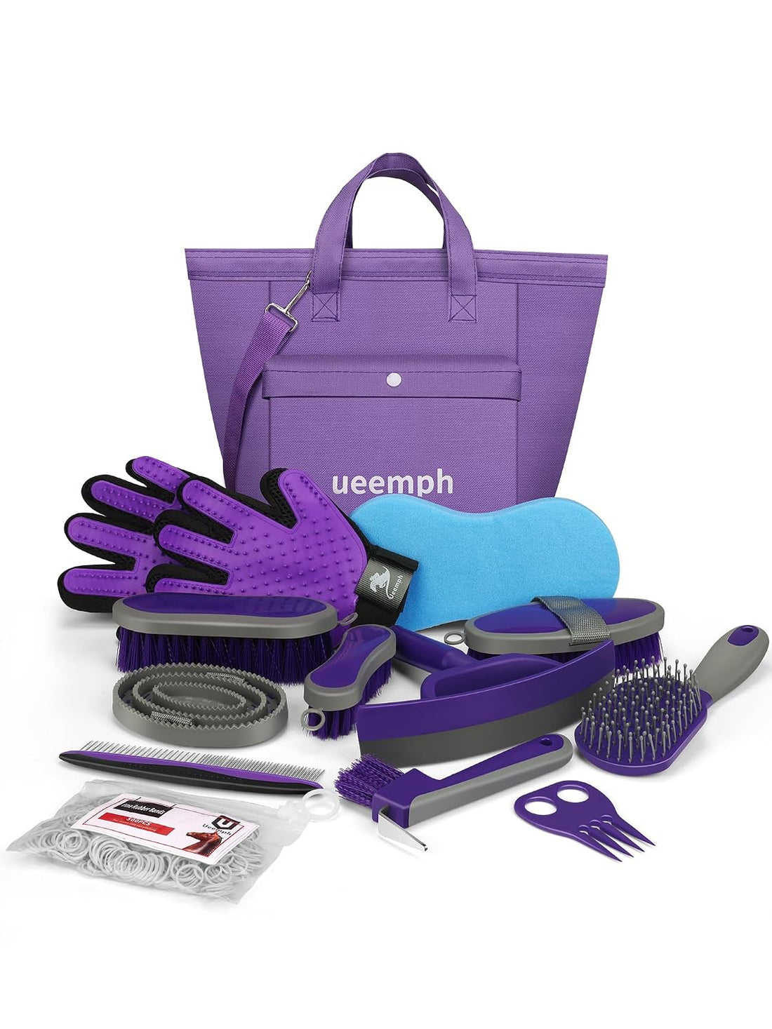 Horse Grooming Kit: Brushes, Storage Bag, Sweat Scraper, Mane Comb