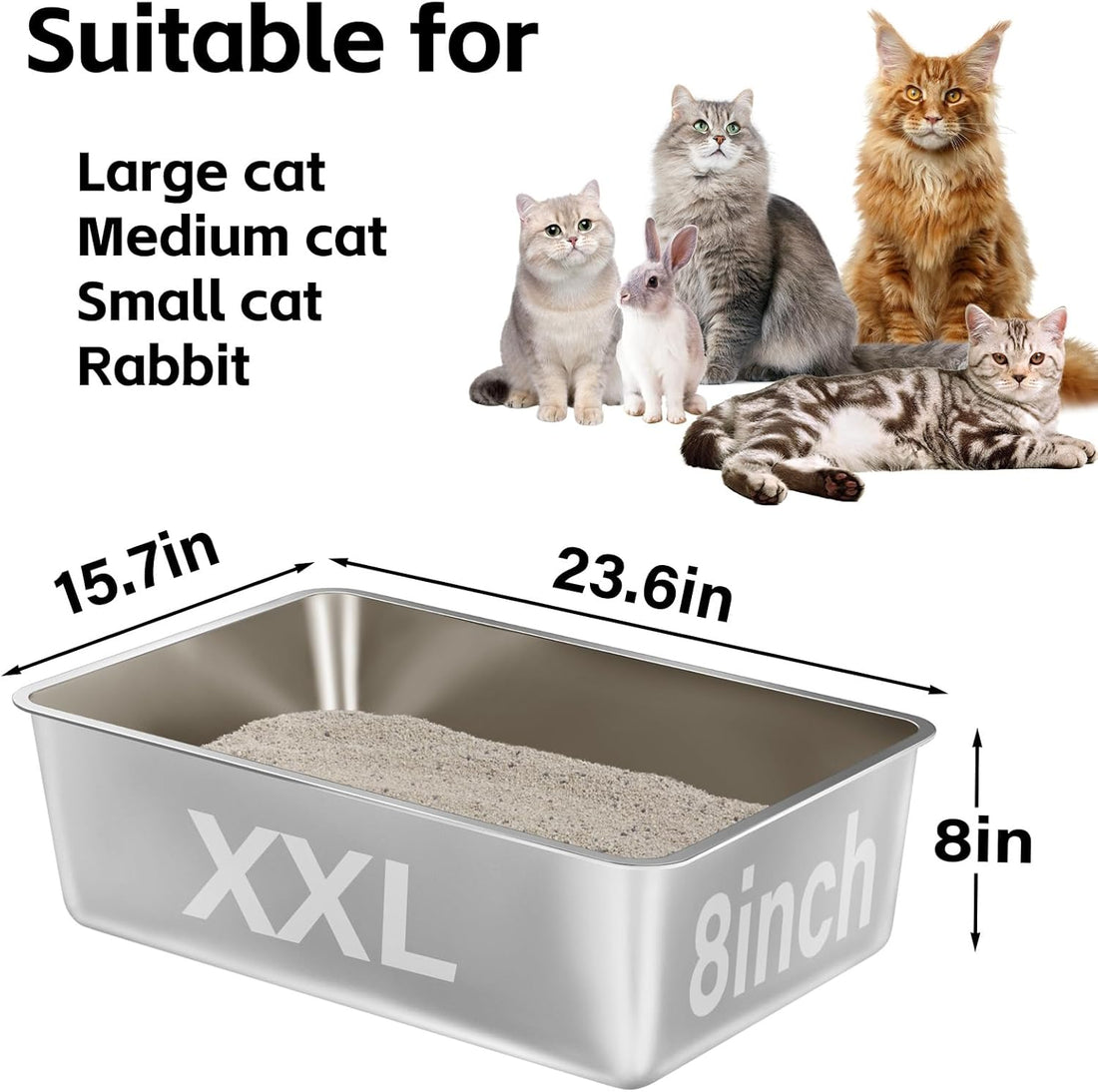 EGMEHOAD Stainless Steel Litter Box,XXL Metal Cat Litter Box for Big