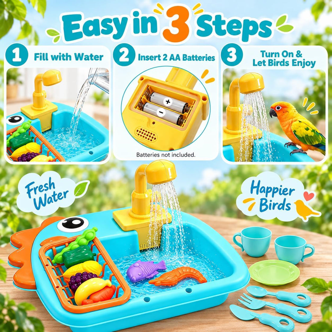 Automatic Bird Bath with Faucet for Parakeet, Budgie