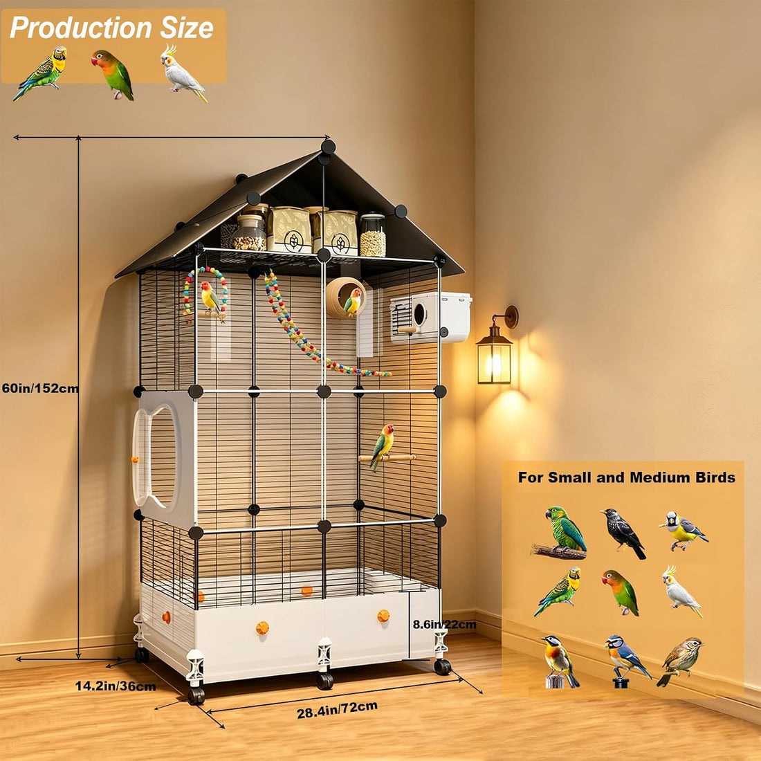 60" H Large Bird Cage for Parrots, Parakeet Cage with Top Storage