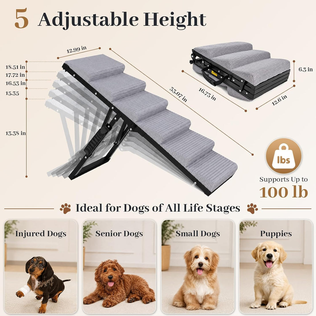 Dog Ramp for Bed, Foldable Dog Ramp, 5 Adjustable Heights, 13"-19"