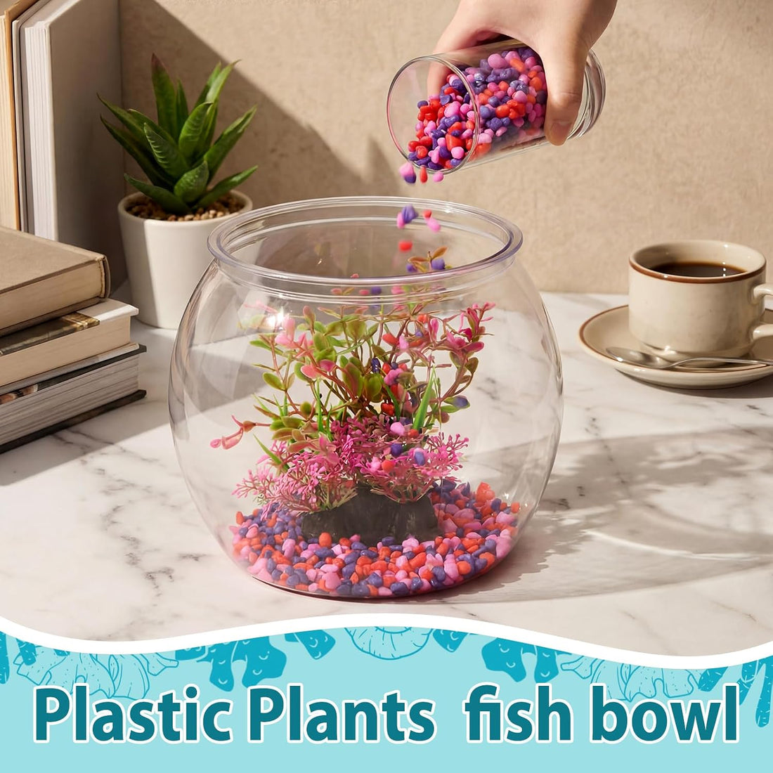 1 Gallon Plastic Fish Bowl,Red,Red Aquatic Plant