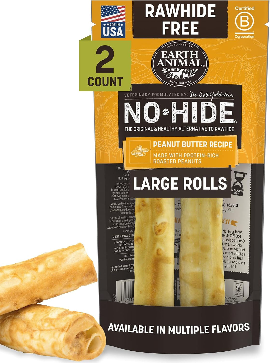 Earth Animal No Hide Dog Chews - Rawhide Free Large Rolls 2 Count