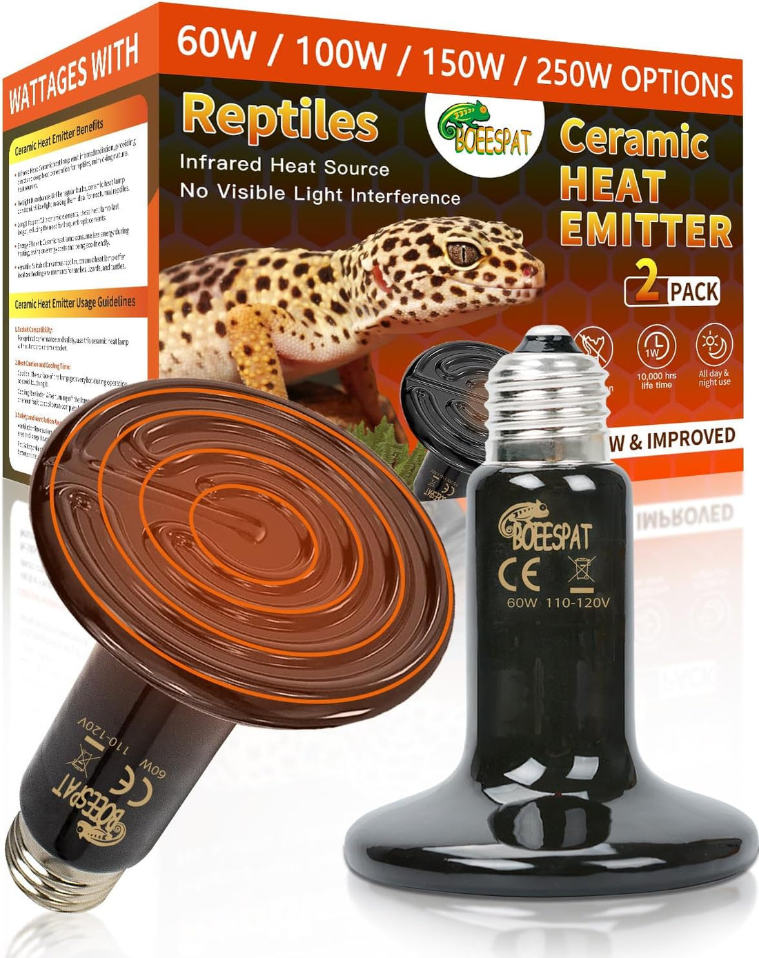 60W Ceramic Heat Emitters, Pack of 2 Reptile Heat Lamp Bulbs