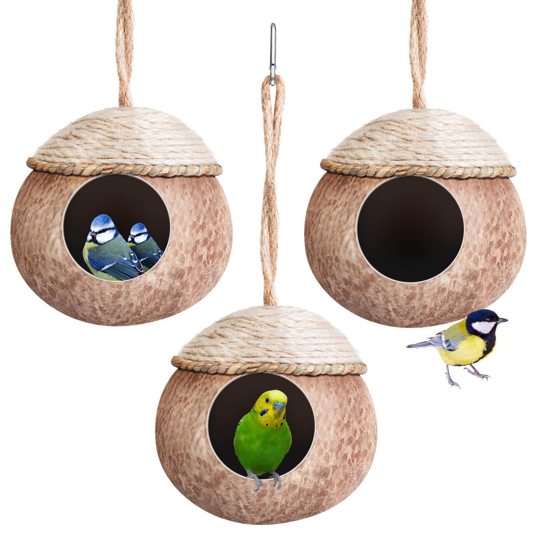 Suzile 3 Pcs Natural Coconut Bird Nest for Cage Hanging Birds House