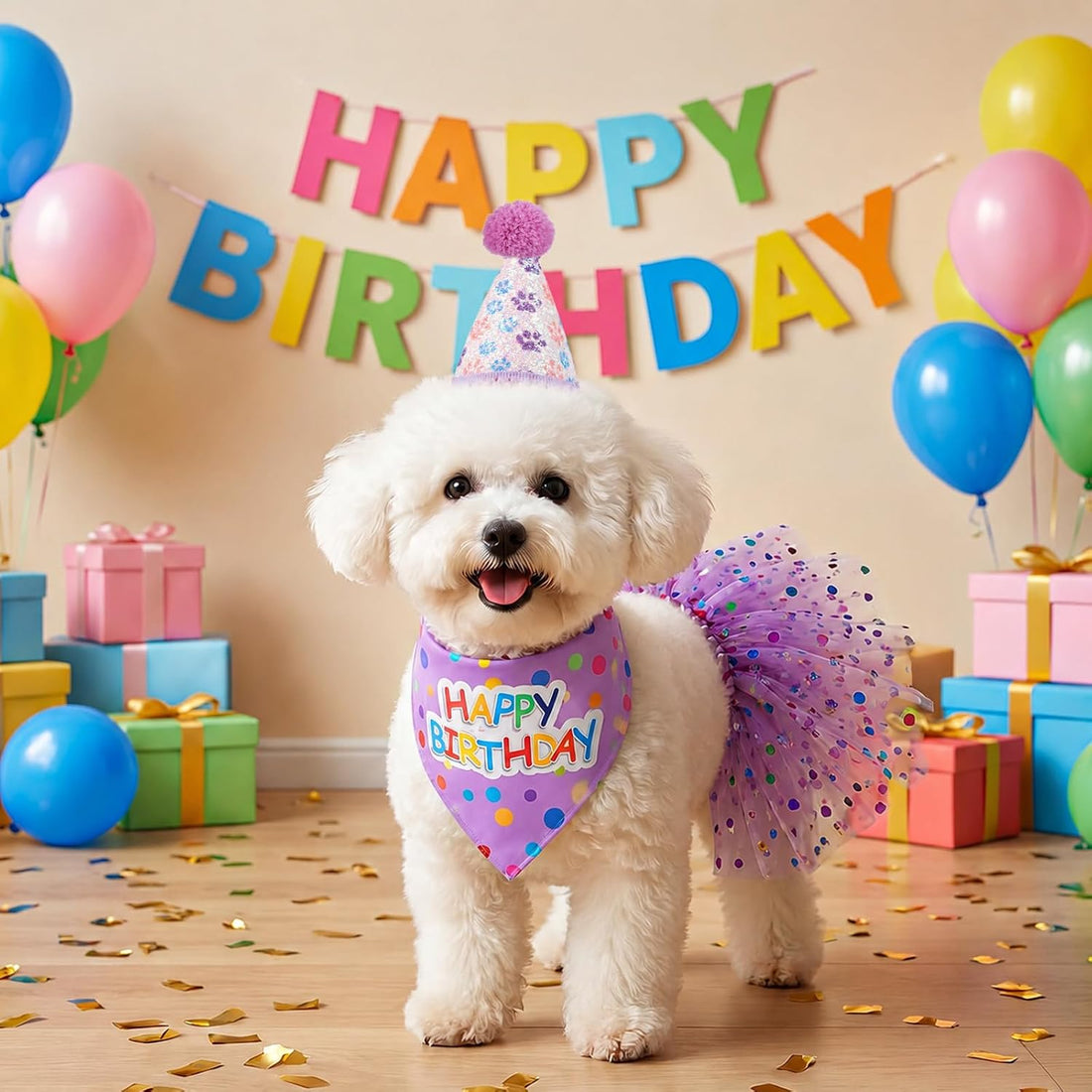 Dog Birthday Bandana with Hat and Dress Dog Birthday Outfit Girl