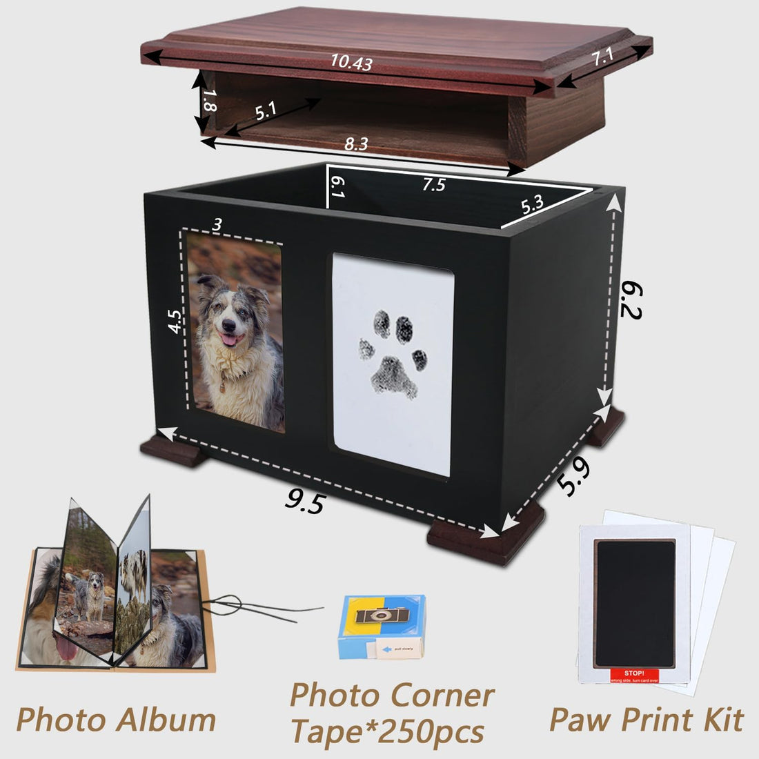 X Large Dog Urn for Ashes & Paw Print Kit,Solid Wood,Up to 150 lbs