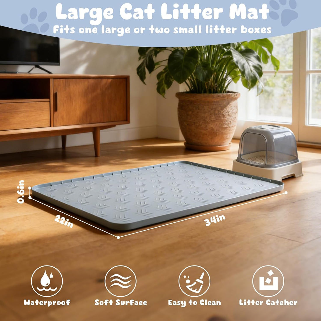 JUJOMAT Cat Litter Box Mat, 34"×22" Waterproof Silicone Cat Litter