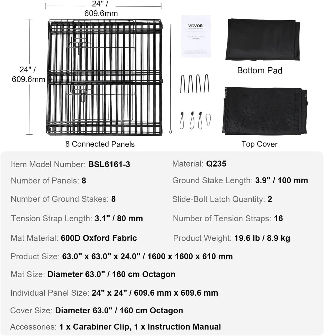 VEVOR 24" Dog Playpen, 8-Panel Foldable Metal Pet Pen with Top Cover