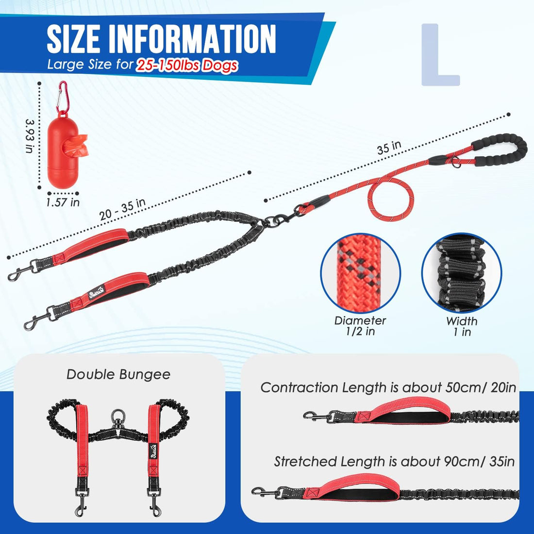 SlowTon Double Leash for Two Dogs, No Tangle & with Two Handles, Red L