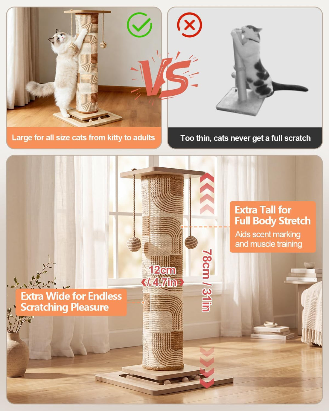 Odoland 31" Tall Large Cat Scratching Post with Replaceable Scratcher