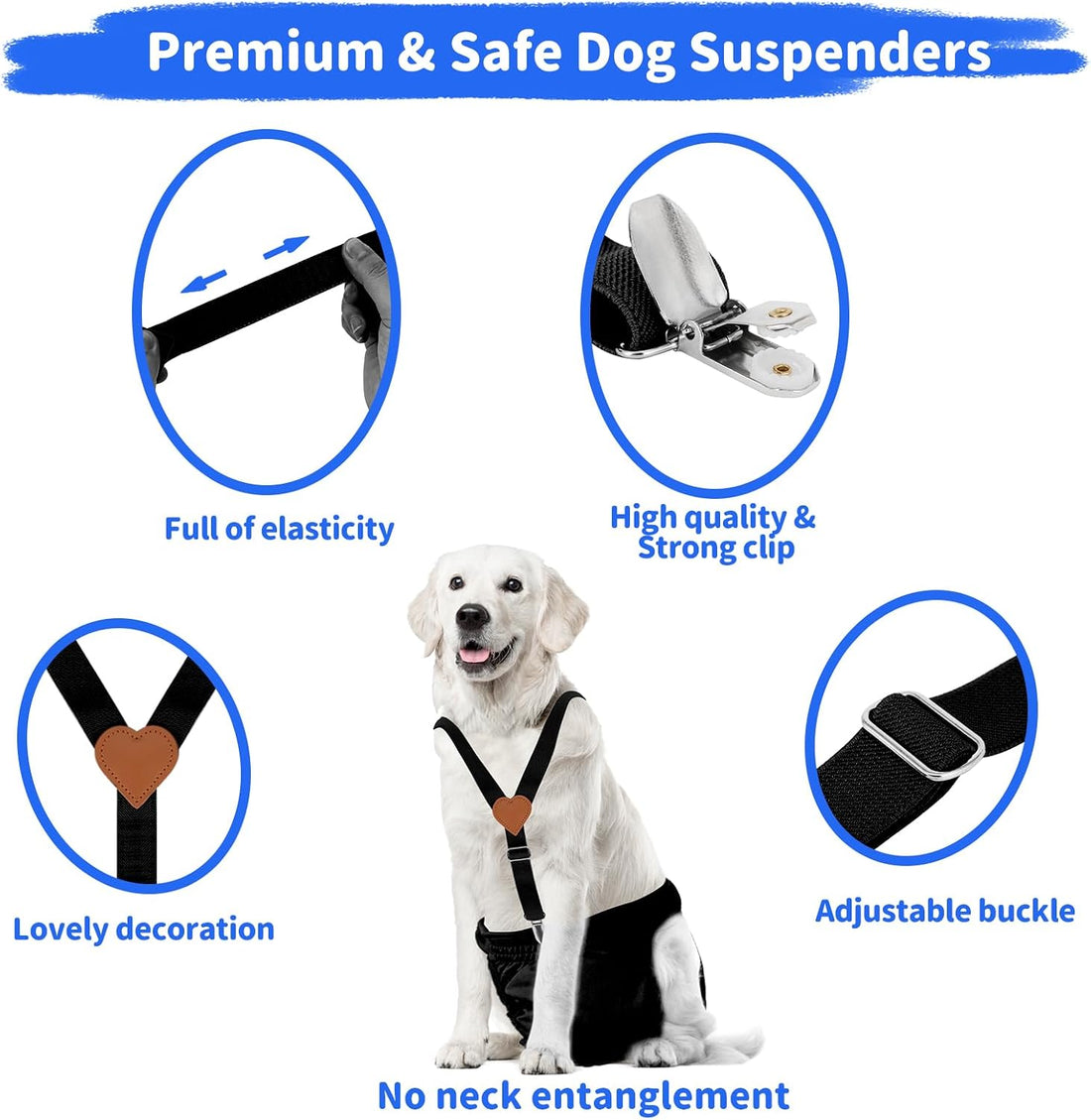 Dog Suspenders for Diapers, Adjustable Nylon 2pcs (Small, Black)