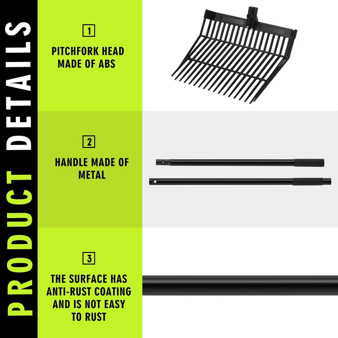 Lasnten 3 Sets Black ABS Manure Fork with Long Metal Handle