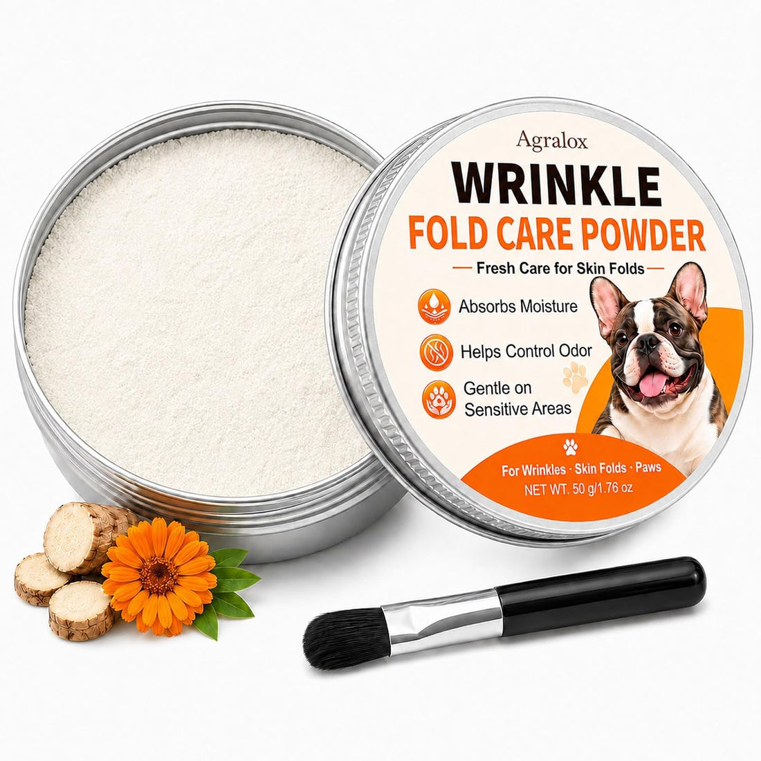 Bulldog Wrinkle Powder for Dogs with Brush, Moisture & Odor Care, 50 g
