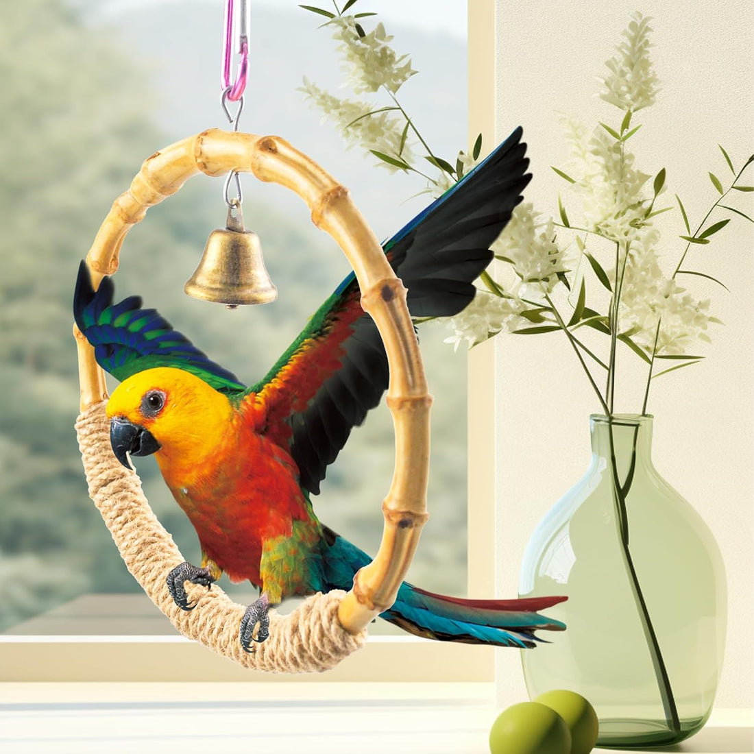 MUYG Bamboo Ring Bird Swing Perch,Large Circle Cage Hanging Toys,Bird