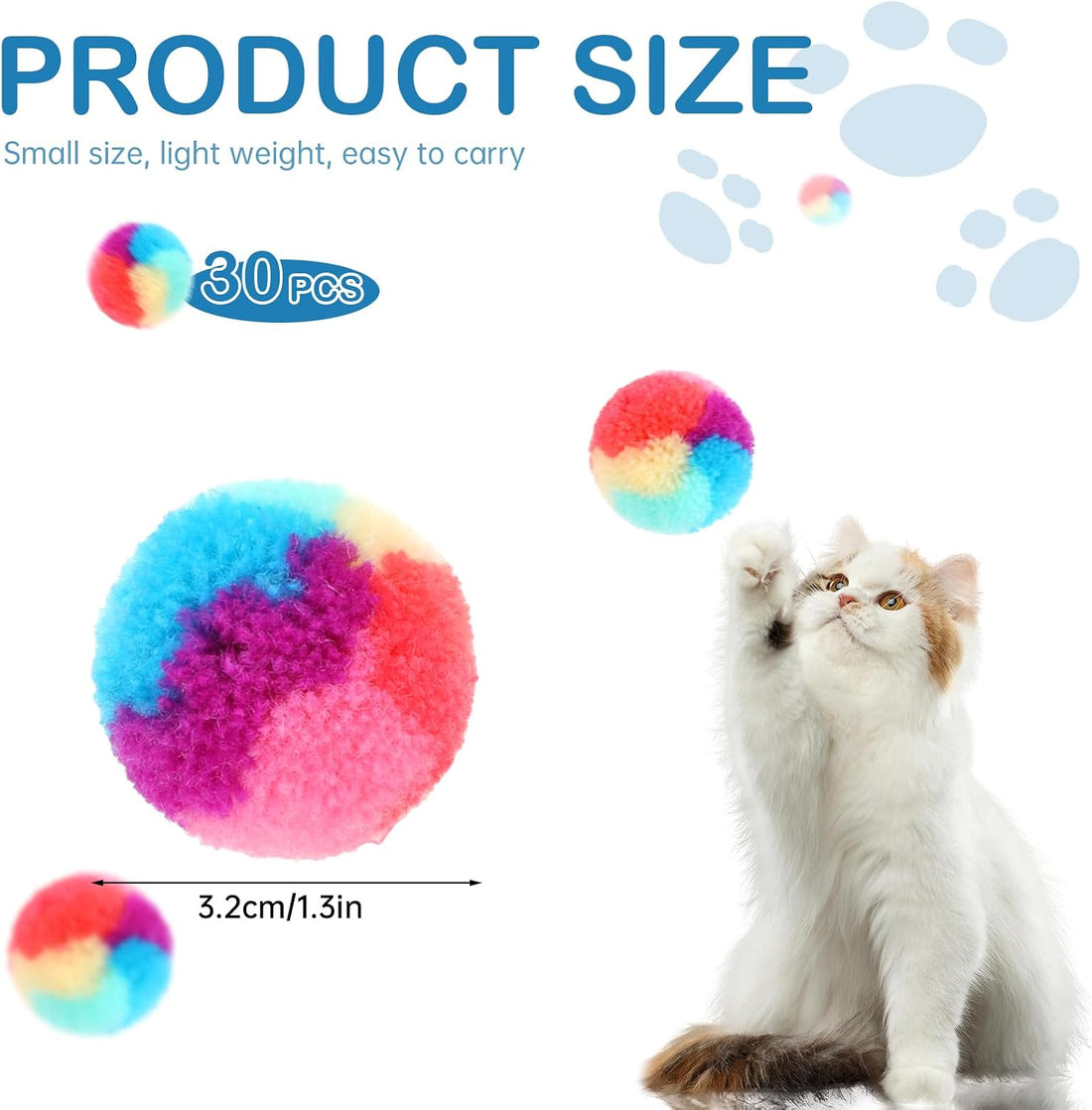 KALIONE 30 Pcs Soft Plush Cat Ball 1.2-inch Rainbow Cat Toy Balls