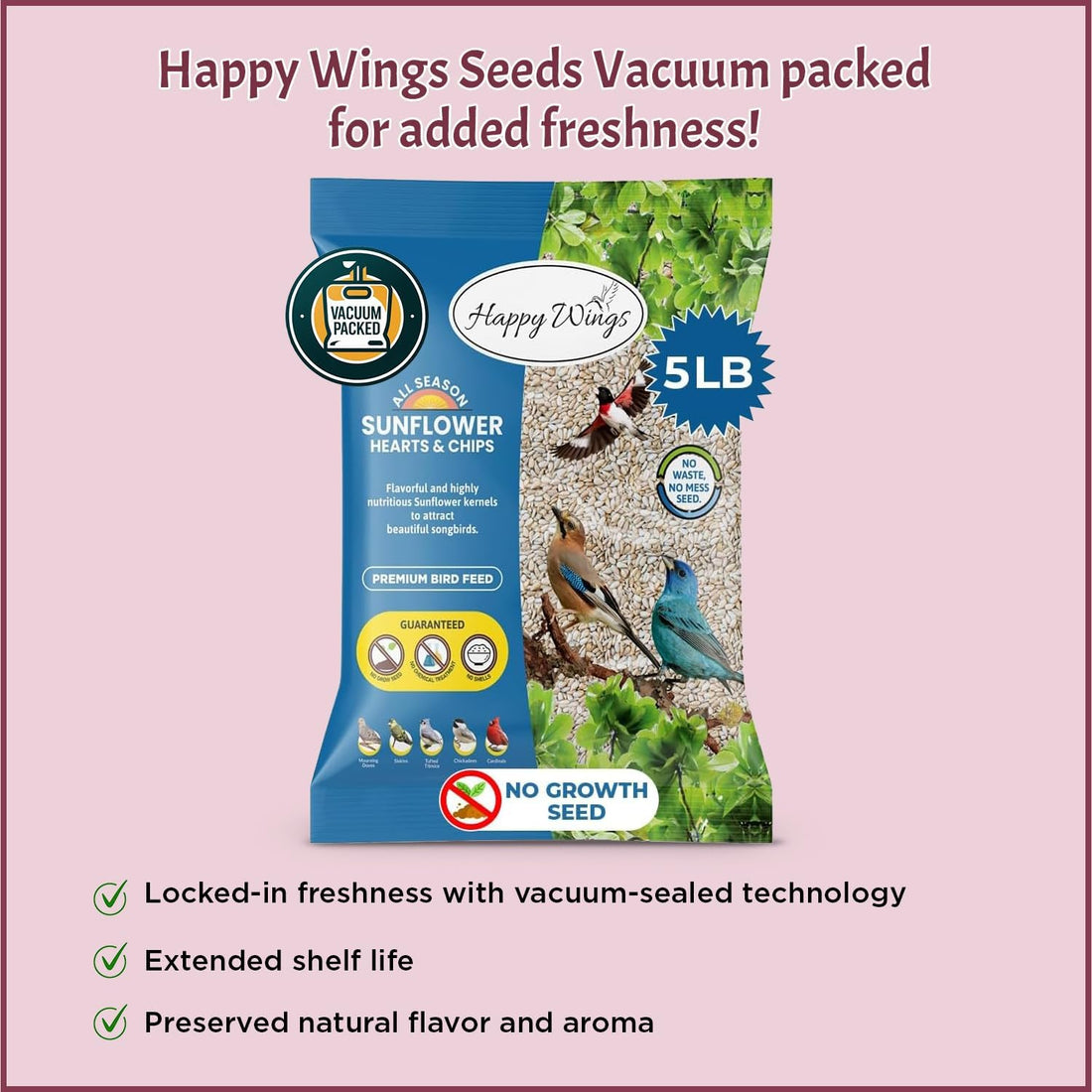Happy Wings 5LB Sunflower Heart & Chips (Kernels) Bird Food, No Waste