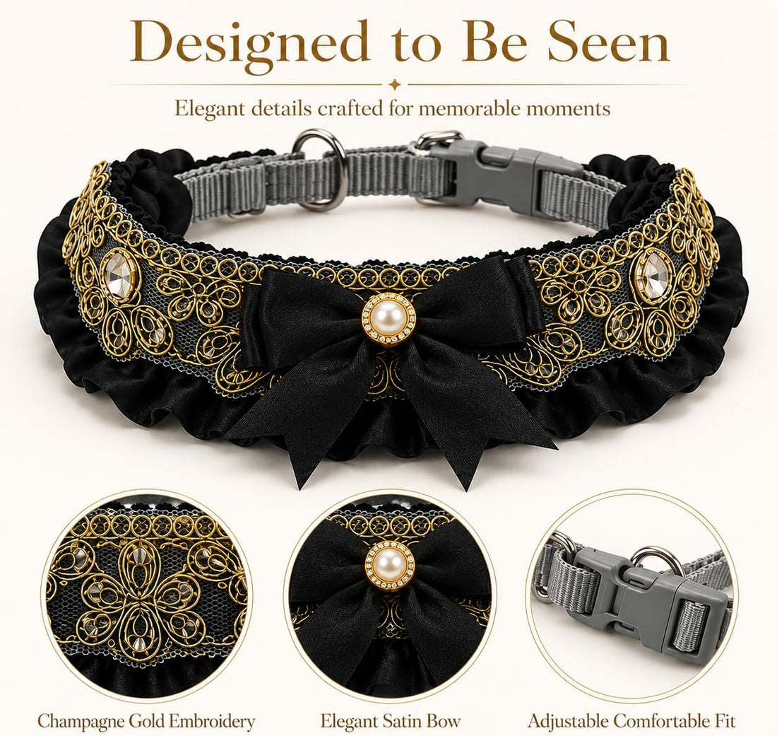 Dog Wedding Collar & Pearl Leash Set for Small Dogs, Black Gold