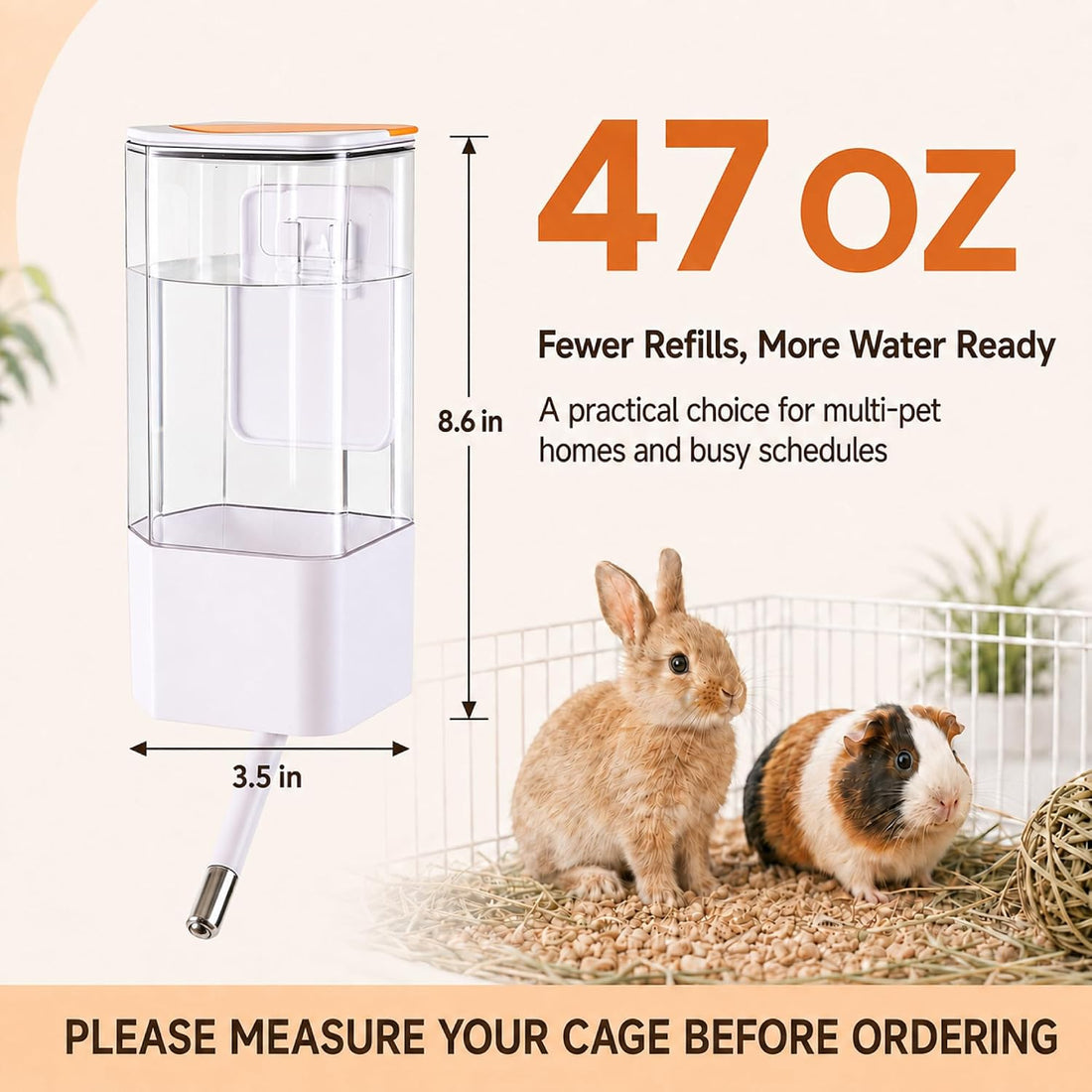 47oz No-Drip Small Pet Water Bottle, 2 Nozzles, Top-Fill Mount