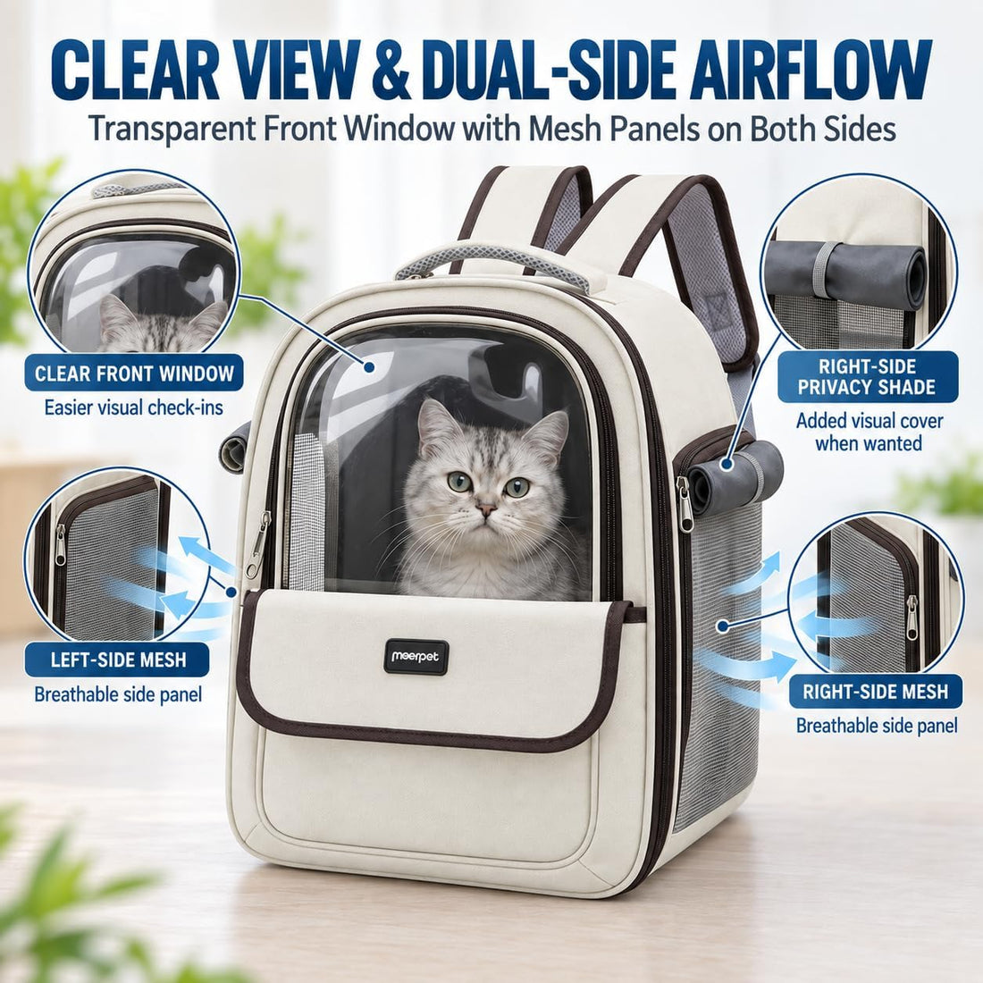 Cat Backpack Carrier Airline Approved, Clear Window, Side Mesh, 15 lbs